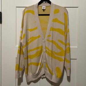 CAbi cardigan, cream & yellow zebra stripe, boyfriend fit, drop shoulder, XXS